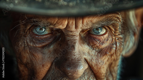  anziano cowboy con rughe profonde e un viso invecchiato, che indossa un cappello da cowboy e mostra uno sguardo intenso, un carattere robusto e la saggezza della tradizione del West americano.