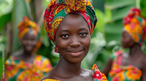 Women of Equitorial Guinea. Women of the World. Portrait of a smiling young woman with a colorful headscarf and traditional attire against a blurred background of people in similar dress. #wotw