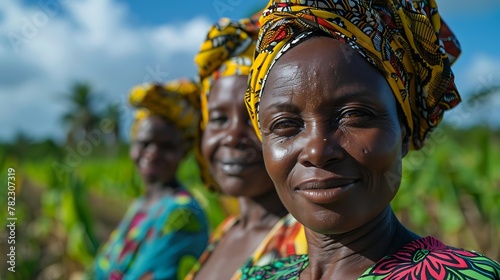 Women of Mozambique. Women of the World. Three smiling African women in traditional headscarves standing in a field on a sunny day. #wotw