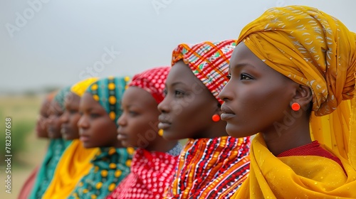 Women of Niger. Women of the World. A group of women wearing vibrant headscarves and colorful attire in a profile view against a soft focus background. #wotw