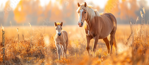 Horse and Foal: Horses are majestic hoofed mammals known for their strength, speed, and versatility. Foals are young horses, often sticking close to their mothers for protection