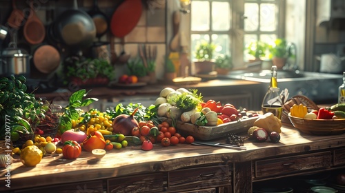 Mientras el sol de la tarde se filtra por la cocina, una cornucopia de vegetales coloridos aguarda el toque de un chef; un vibrante testamento a la variedad de la naturaleza.