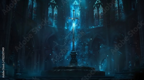 En el silencio sagrado de una catedral antigua, una espada pulsante con luz de estrellas se erige como un centinela atemporal, su energía radiante arrojando un resplandor celestial sobre las piedras.