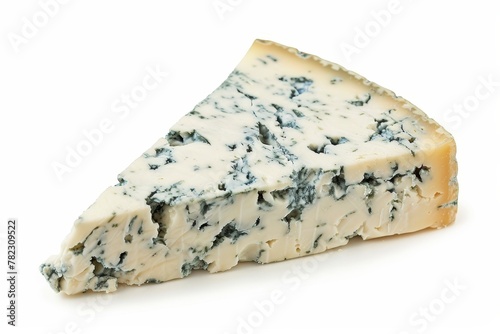 Blue cheese wedge with mold on white background Above view