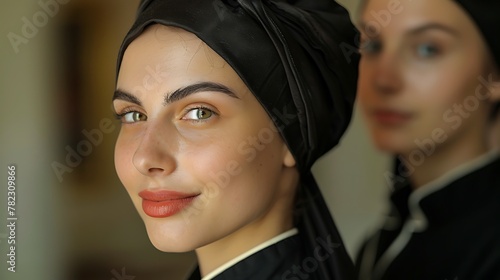 Women of Vatican city. Women of the World. A confident woman in a headscarf poses with a smile, as another person stands out of focus in the background. #wotw