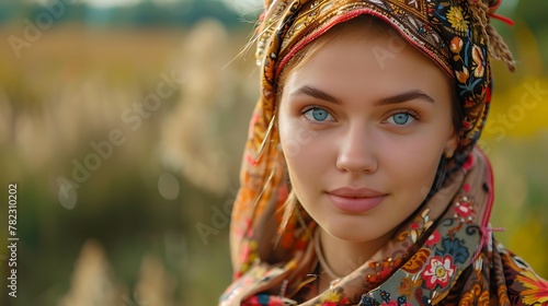 Women of Belarus. Women of the World. Portrait of a young woman with striking blue eyes wearing a colorful headscarf, set against a soft-focused natural background. #wotw
