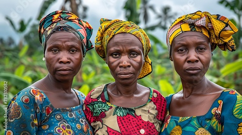 Women of Congo. Women of the World. Three African women in traditional headwraps stand side by side with solemn expressions in an outdoor setting #wotw