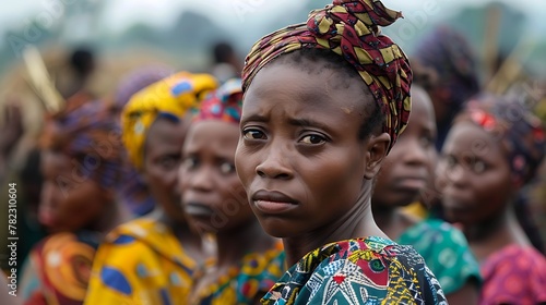 Women of Congo. Women of the World. African woman in traditional dress standing in a crowd with a reflective expression on her face. #wotw