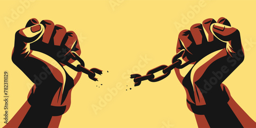 Depiction of hands breaking chains, symbolizing liberation and the abolition of slavery