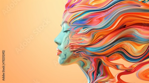 Modern abstract indigenous art. On the side, the face of a young woman and colorful wavy energy or liquid like hair. Soft orange background.