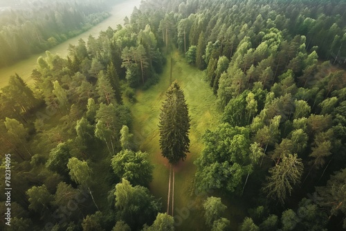 A solitary tree stands majestically in a lush forest clearing, captured from above, depicting nature's grandeur and the concept of individuality amidst unity. Perfect for themes of nature and solitude