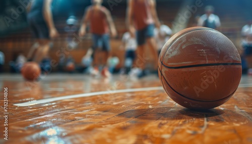 Close up of basketball game on wooden court floor with blurred players in background