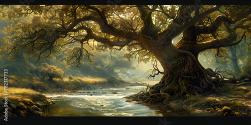 fantastical earth environment concept Canopy temperate deciduous forest mystical forest with ancient gnarled trees background
