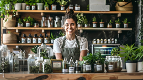 Smiling young white woman, worker of herbal remedies shop