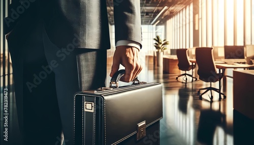 businessman holding a briefcase in a sunlit corporate office concept of business lifestyle 