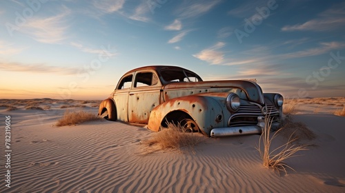 Lone car overtaken by desert dunes