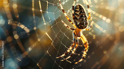 A close-up of a spider on its web with a beautiful bokeh background.