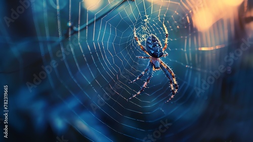 A close-up of a spider on its web. The spider is in the center of the web, and the web is surrounded by a blue background.