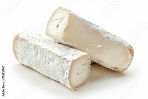 Goat cheese with white rind isolated on white background in close up