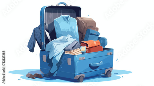 Blue suitcase filled with clothes 2d flat cartoon v
