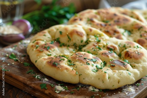Indian naan with herbs garlic and butter on cutting board