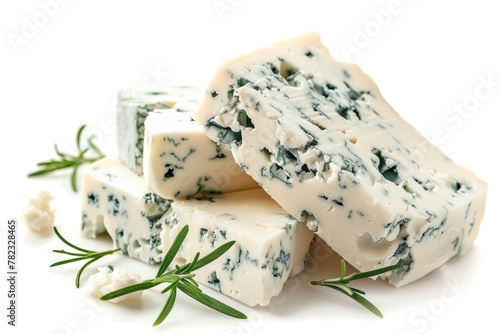 Isolated blue cheese on white background with clipping path and deep depth of field