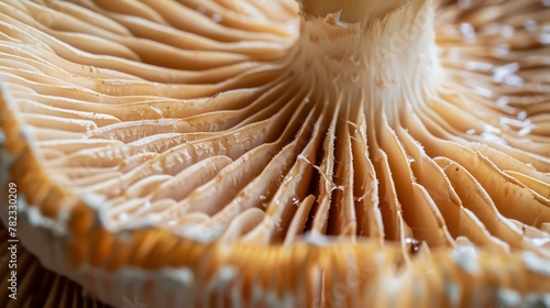 A close-up image of the underside of a mushroom cap. The gills are clearly visible, as well as the spores that are produced on them.
