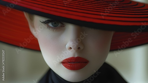  A woman's face, closely framed, wears a red hat adorned with a black ribbon cinching its brim