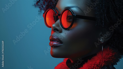  A woman dons red glasses and a red scarf; gazing off to the side