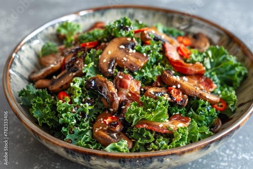 Kale salad with homemade dressing mushrooms bacon chili and balsamic vinegar