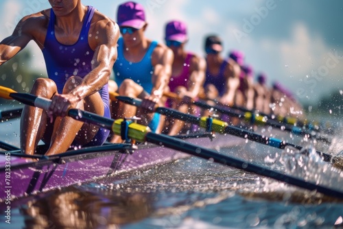 Women rowing together on the water