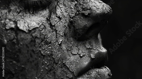  A monochrome image of a woman's face overlain with tree bark against a jet-black backdrop