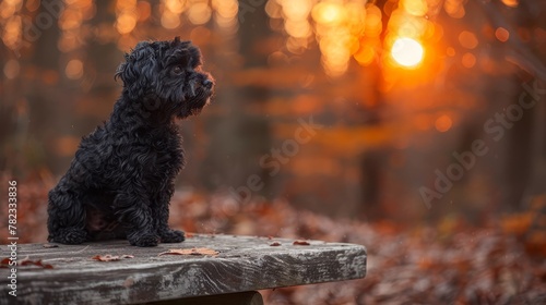  A black dog sits atop a wooden bench amidst a forest, its surroundings blanketed by falling leaves