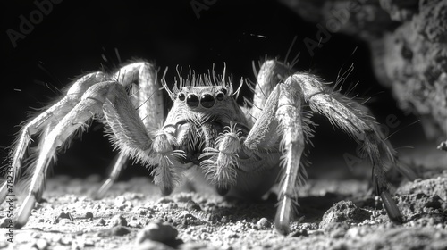  A tight shot of a spider on the ground, with its legs raised and head elevated