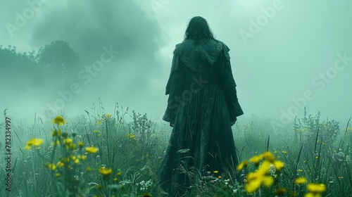  A woman in a long black dress is silhouetted against a field of yellow flowers, while a foggy sky looms in the background