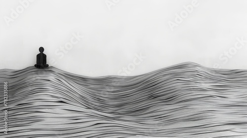  A monochrome image of a man atop a towering wave within a expanses of water