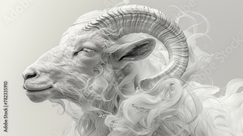 A monochrome image of a ram's head exhaling considerable smoke from its curved horns