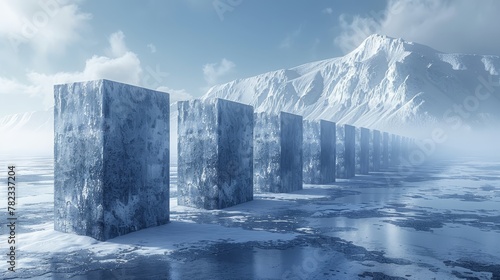  A row of ice blocks sits on a frozen lake, before a backdrop of snow-covered mountains