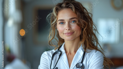 Profile photo of attractive family doc lady patients consultation friendly smiling reliable virology clinic arms crossed wear white lab coat stethoscope isolated grey color background.