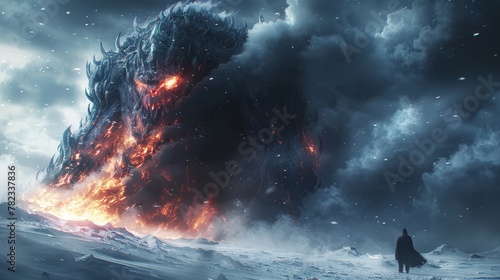  A man faces a colossal monster against a backdrop of a snow-covered mountain and an overcast sky