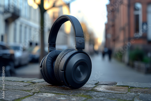 Stylish wireless headphones resting on ground