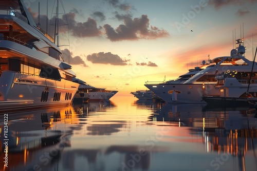 Smart marina, yachts with IoT devices, twilight, reflective water, portrait mode, luxurious feel, HD, 4K , Hyper realistic, High resolution, super details,