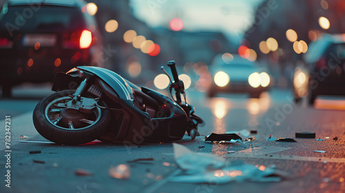  A scooter lays on the ground after being hit by a car in the middle of a city street. Road accident concept