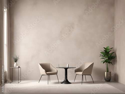 Meeting room or reception living hall. Large beige taupe lounge home, office. Empty wall in the texture of plaster wallpaper or ivory microcement or silk stucco background. Mockup interior. 3d render