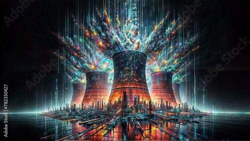 Neon Cooling Towers: Sparks Flying in Reflective Dark City
