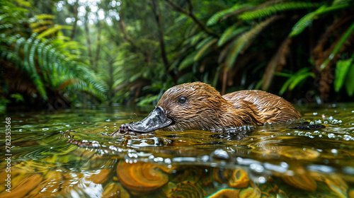 A platypus swimming in a river in the australian rainforest