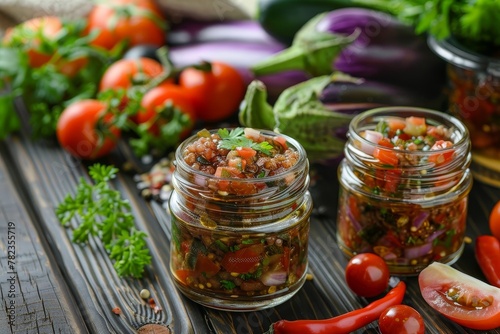 Eggplant caviar and vegetables in jars on table