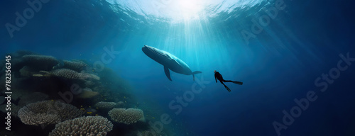A solitary whale swims in the deep ocean. A diver encounters a majestic animal in the water depths, sunlight filtering above. Underwater world is serene, showcasing the vastness of the marine habitat