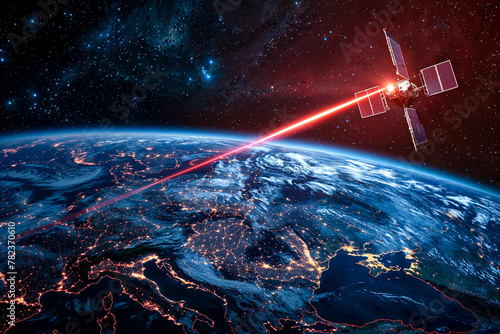 A space satellite fires a red laser beam on Earth, science fiction, war, alien attack, artist's impression, directed energy weapon