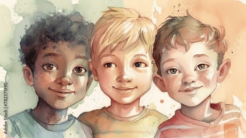 Cheerful and Diverse Children in Watercolor Illustration Generative AI